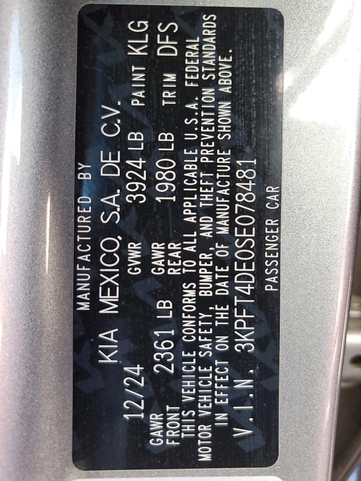 2025 Kia K4 Lx VIN: 3KPFT4DE0SE078481 Lot: 93752545