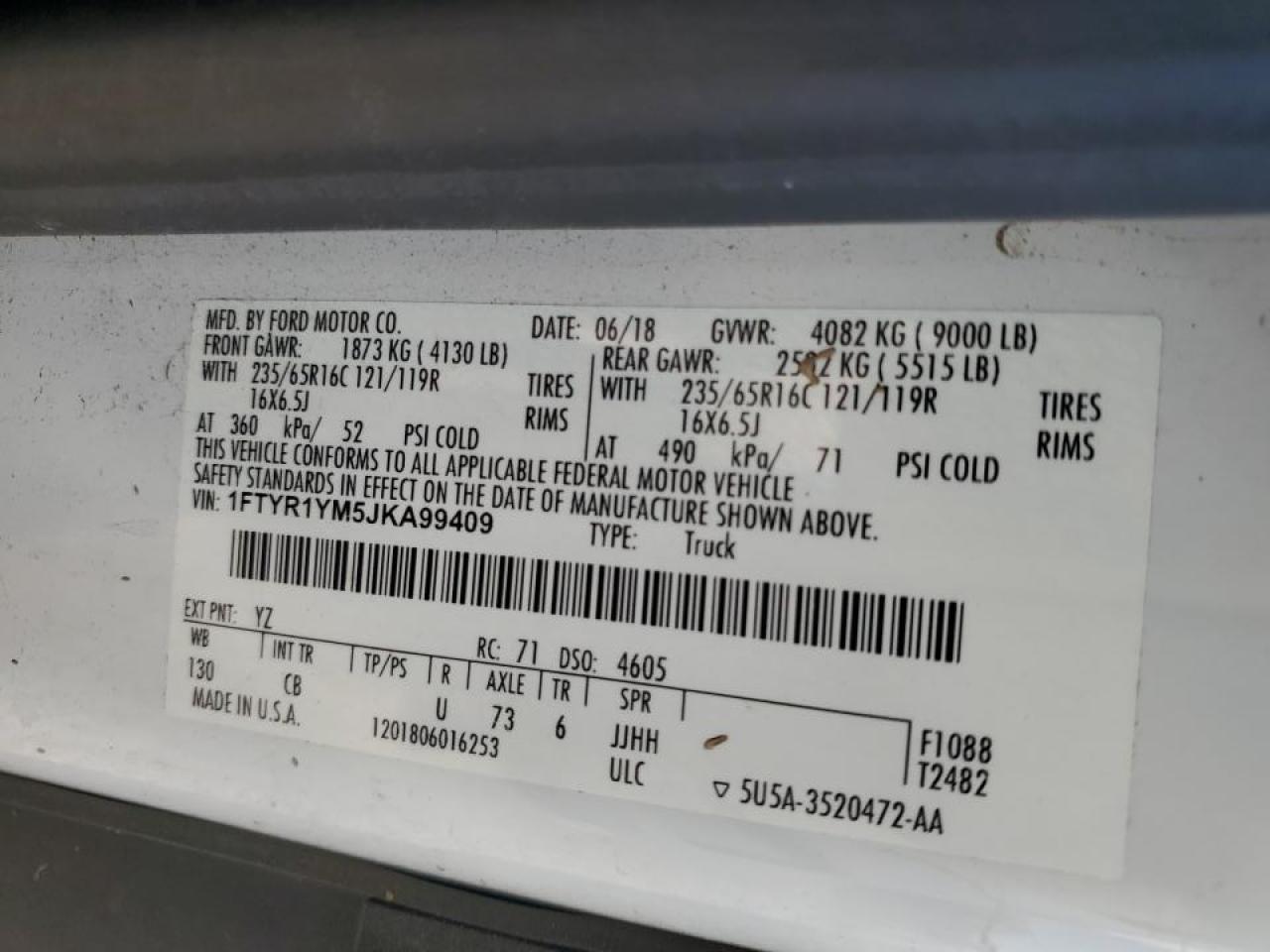 2018 Ford Transit 250 Delivery Van VIN: 1FTYR1YM5JKA99409 Lot: 90579545