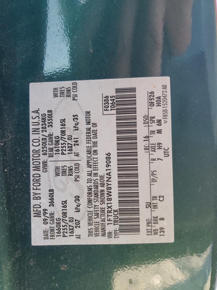 2000 Ford F150 VIN: 1FTRX18W8YNA19086 Lot: 92703395