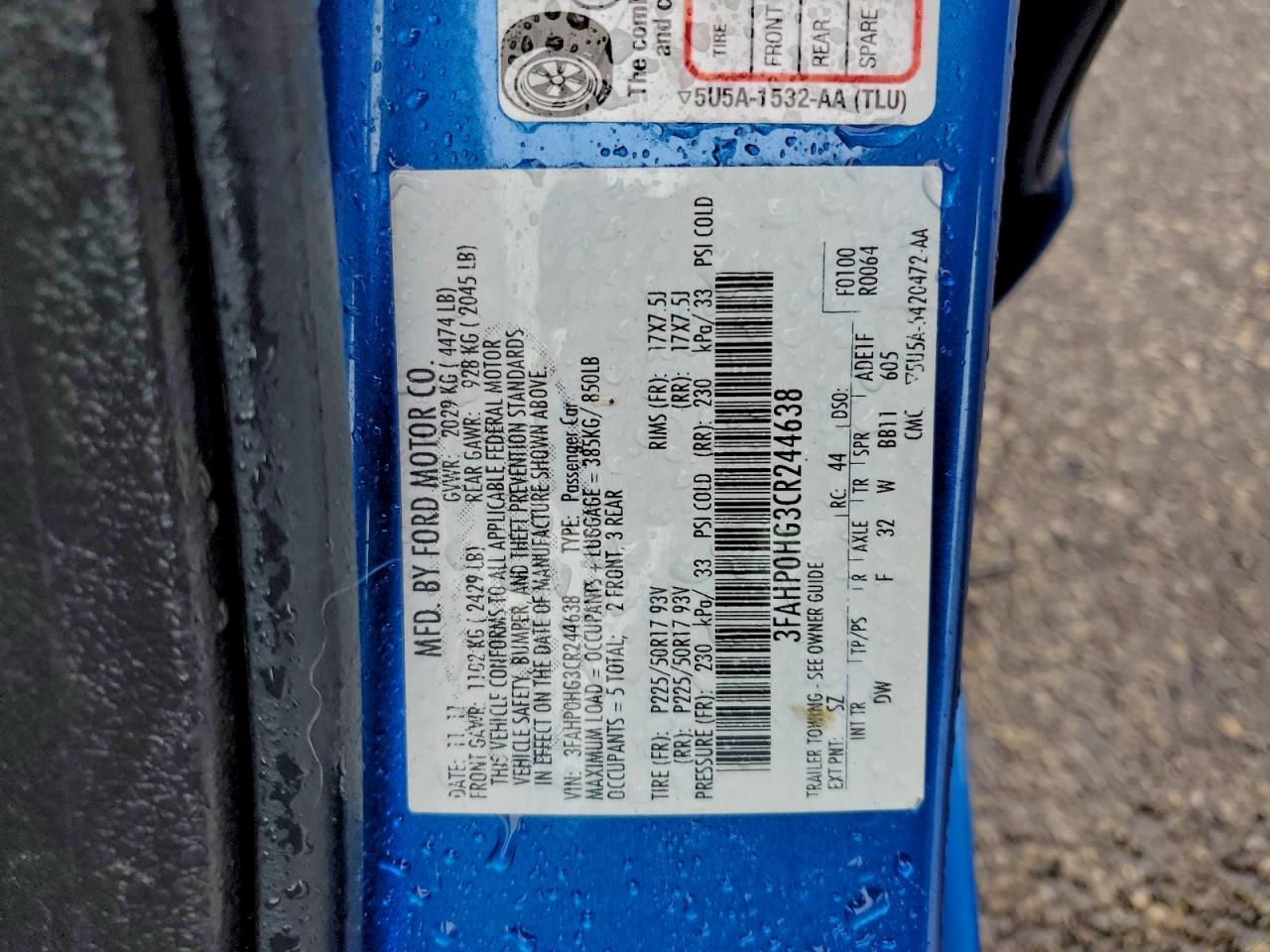 2012 Ford Fusion Se VIN: 3FAHP0HG3CR244638 Lot: 94265755