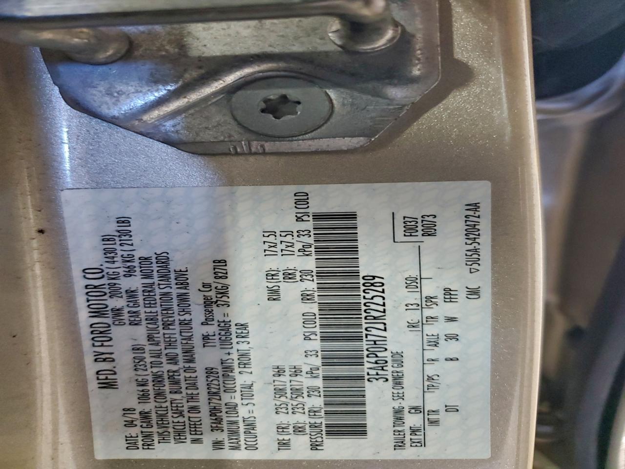 2018 Ford Fusion Se VIN: 3FA6P0H72JR225289 Lot: 94095845