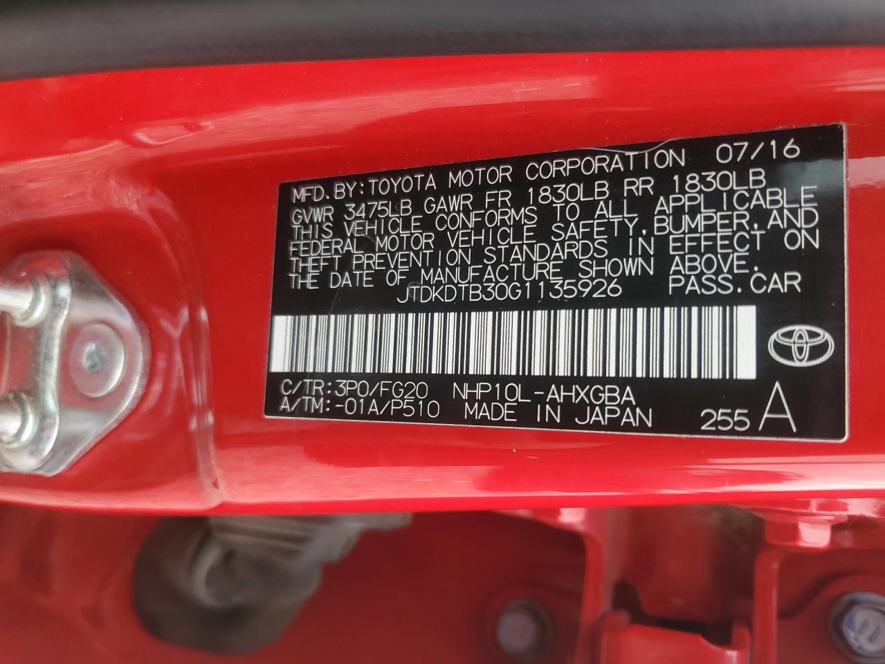 2016 Toyota Prius C VIN: JTDKDTB30G1135926 Lot: 91177085