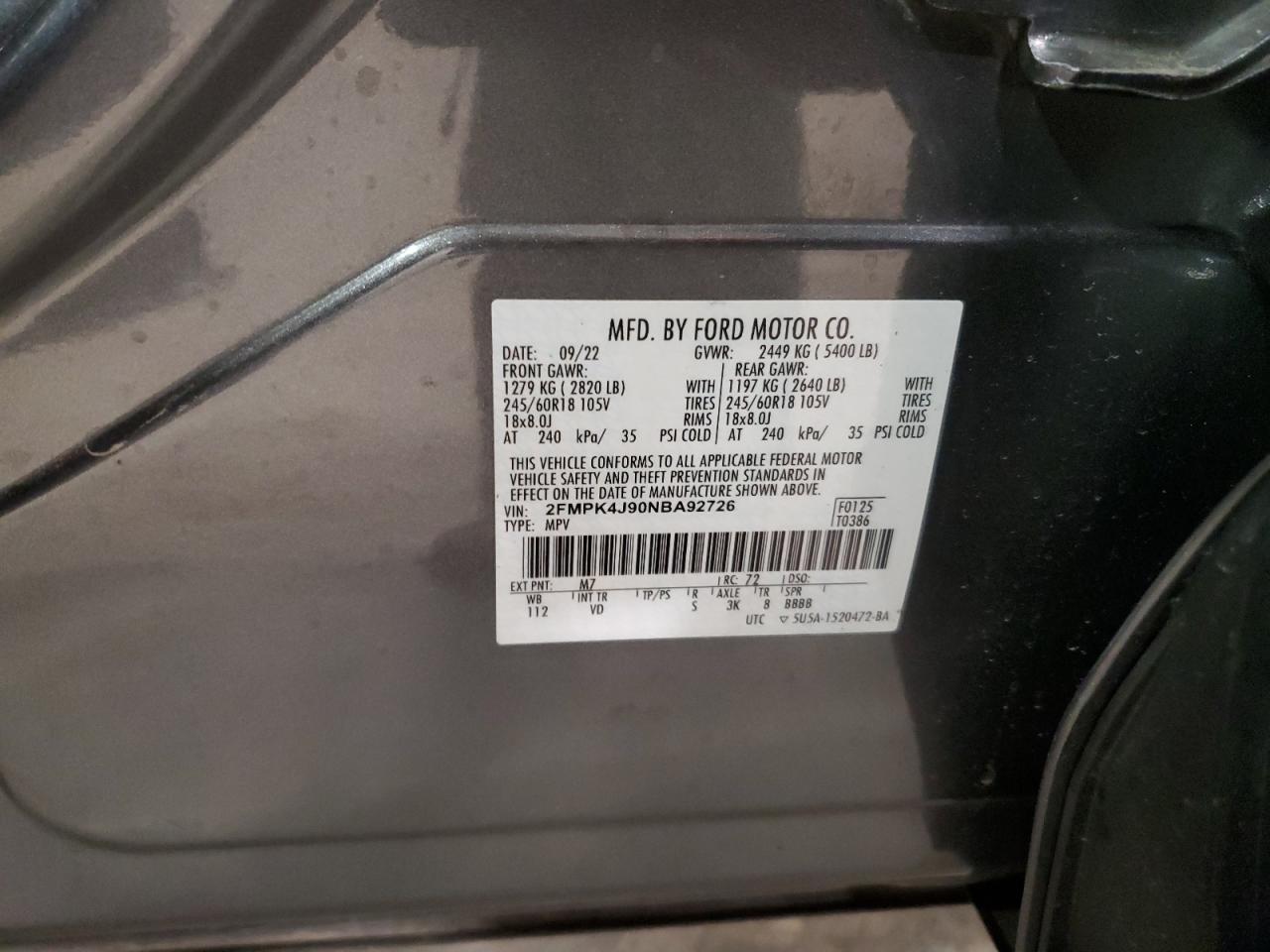 2022 Ford Edge Sel VIN: 2FMPK4J90NBA92726 Lot: 93601155