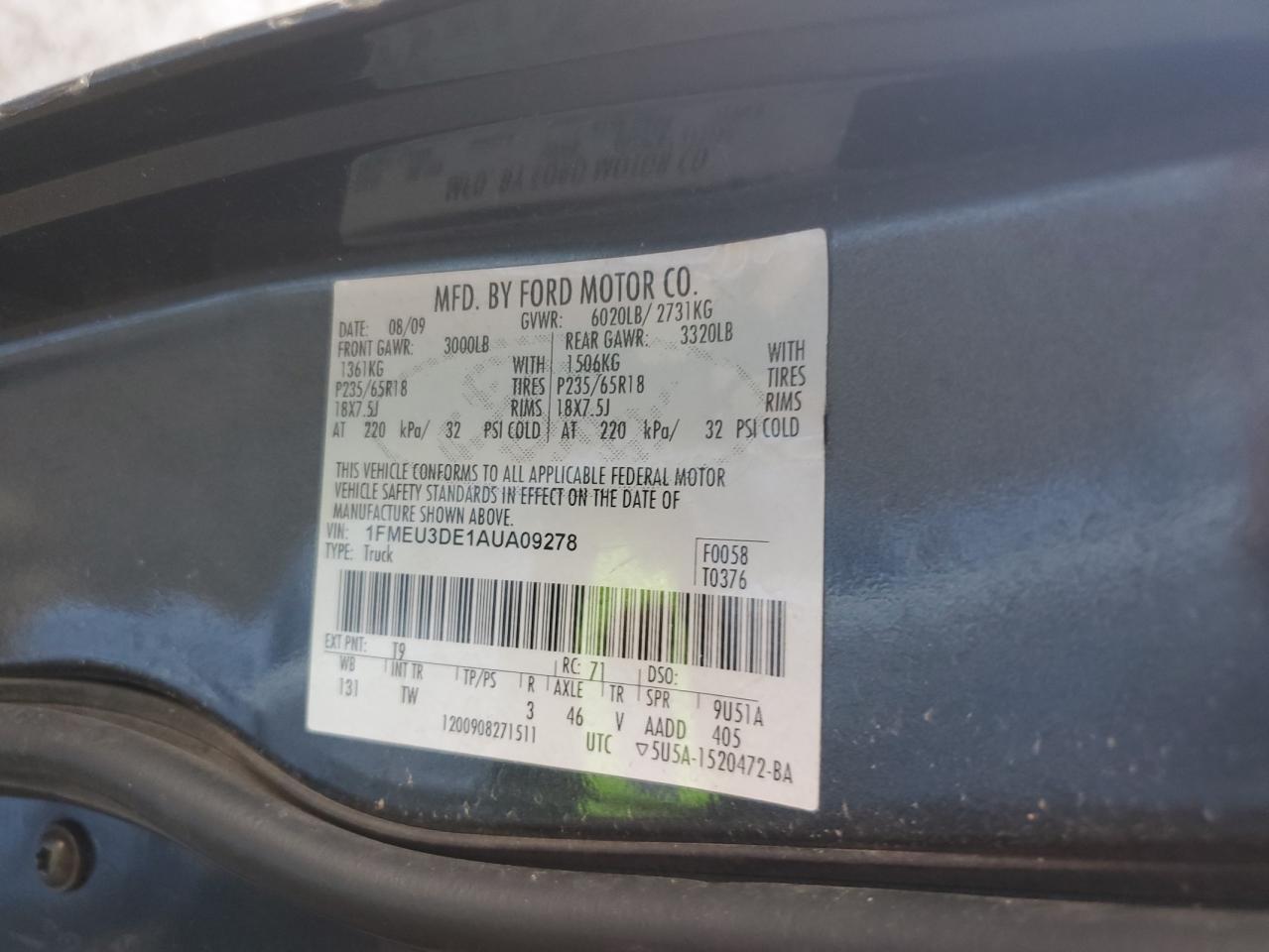 2010 Ford Explorer Sport Trac Limited VIN: 1FMEU3DE1AUA09278 Lot: 92449955