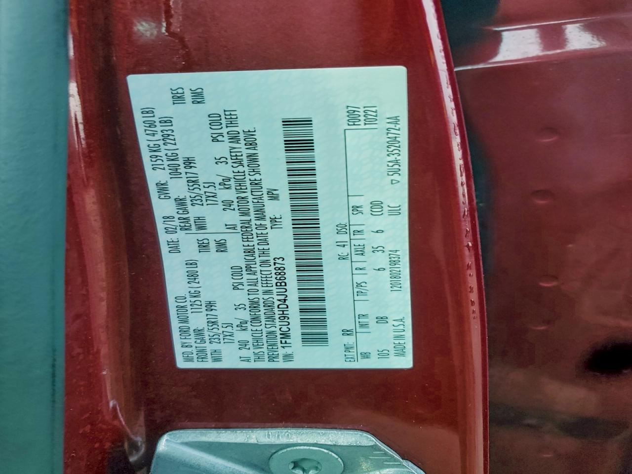 2018 Ford Escape Sel VIN: 1FMCU9HD4JUB68873 Lot: 93780195