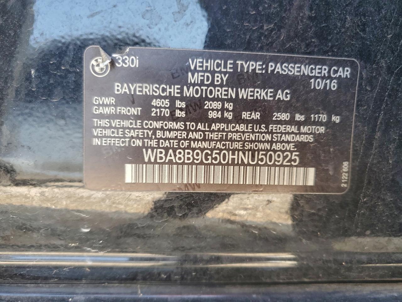 2017 BMW 330 I VIN: WBA8B9G50HNU50925 Lot: 92612965