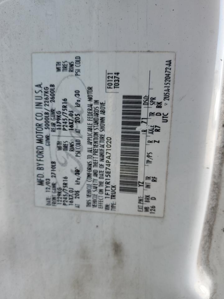 2004 Ford Ranger Super Cab VIN: 1FTYR15E74PA71020 Lot: 92357615