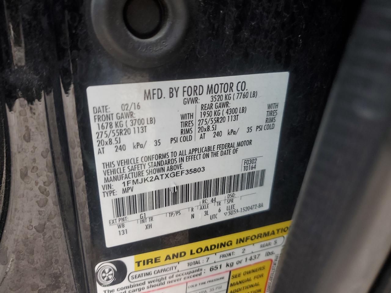 2016 Ford Expedition El Limited VIN: 1FMJK2ATXGEF35803 Lot: 93296175