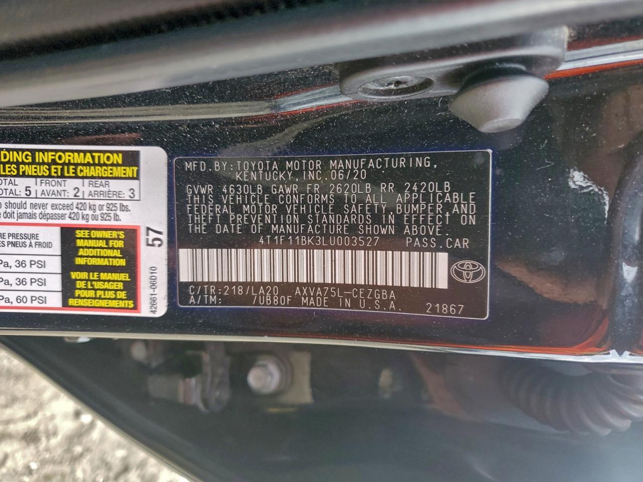 2020 Toyota Camry Xle VIN: 4T1F11BK3LU003527 Lot: 94411125