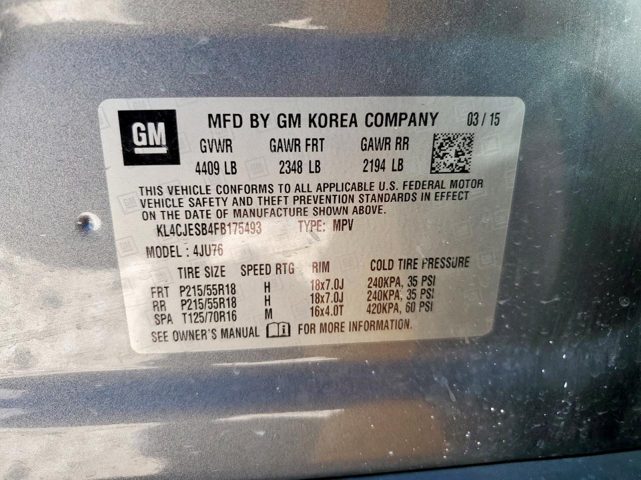 2015 Buick Encore VIN: KL4CJESB4FB175493 Lot: 91721435