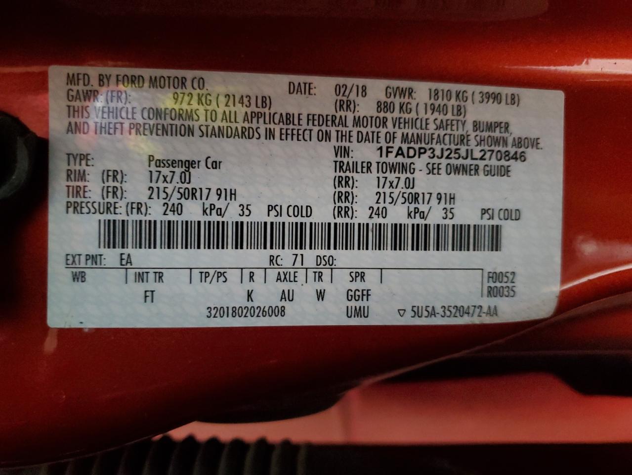 2018 Ford Focus Titanium VIN: 1FADP3J25JL270846 Lot: 91349285