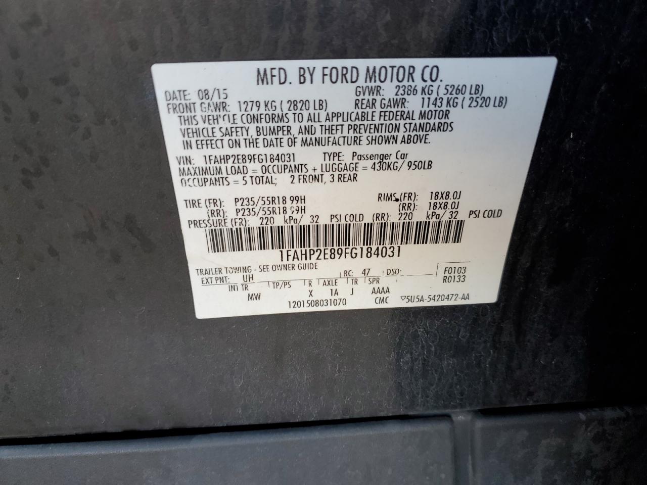 2015 Ford Taurus Sel VIN: 1FAHP2E89FG184031 Lot: 90897005