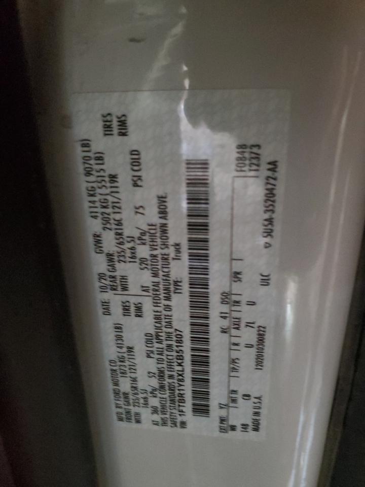 2020 Ford Transit T-250 VIN: 1FTBR1Y8XLKB51807 Lot: 91242495