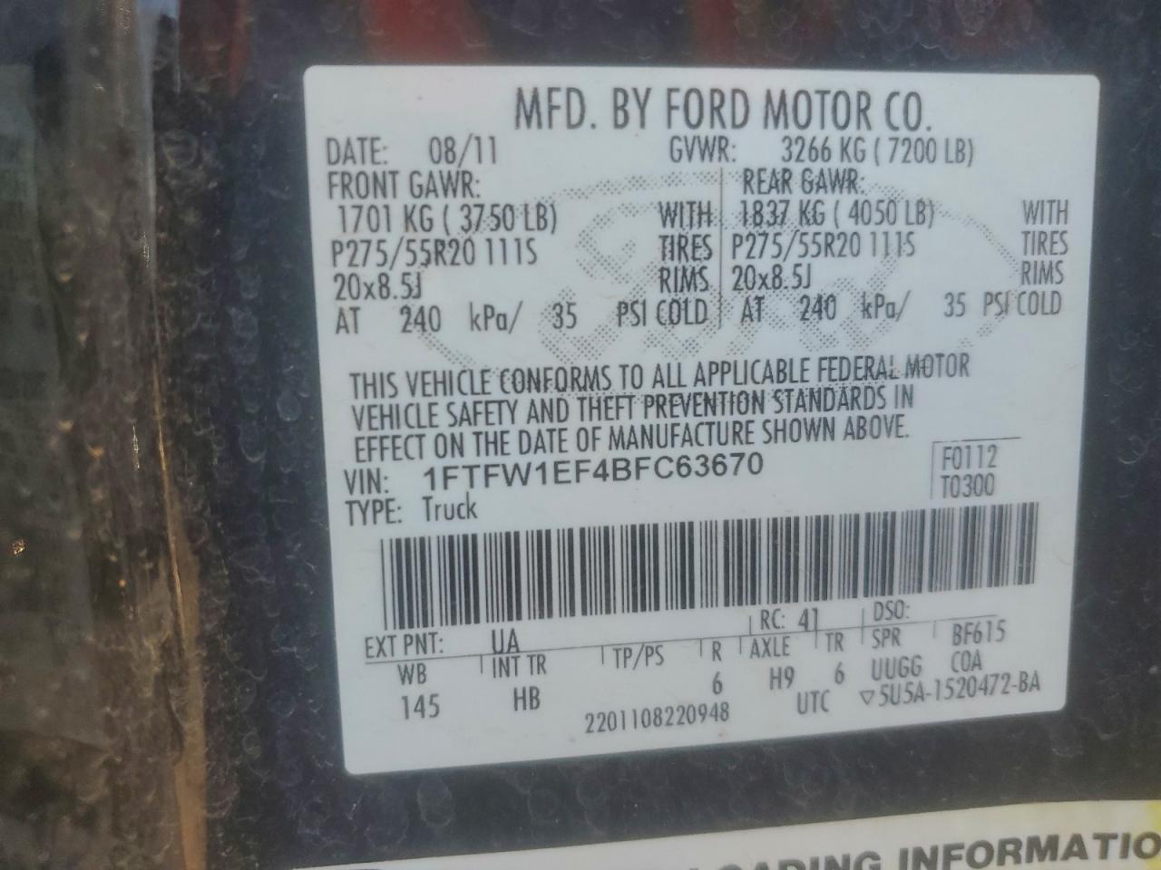 2011 Ford F150 Supercrew VIN: 1FTFW1EF4BFC63670 Lot: 91683395