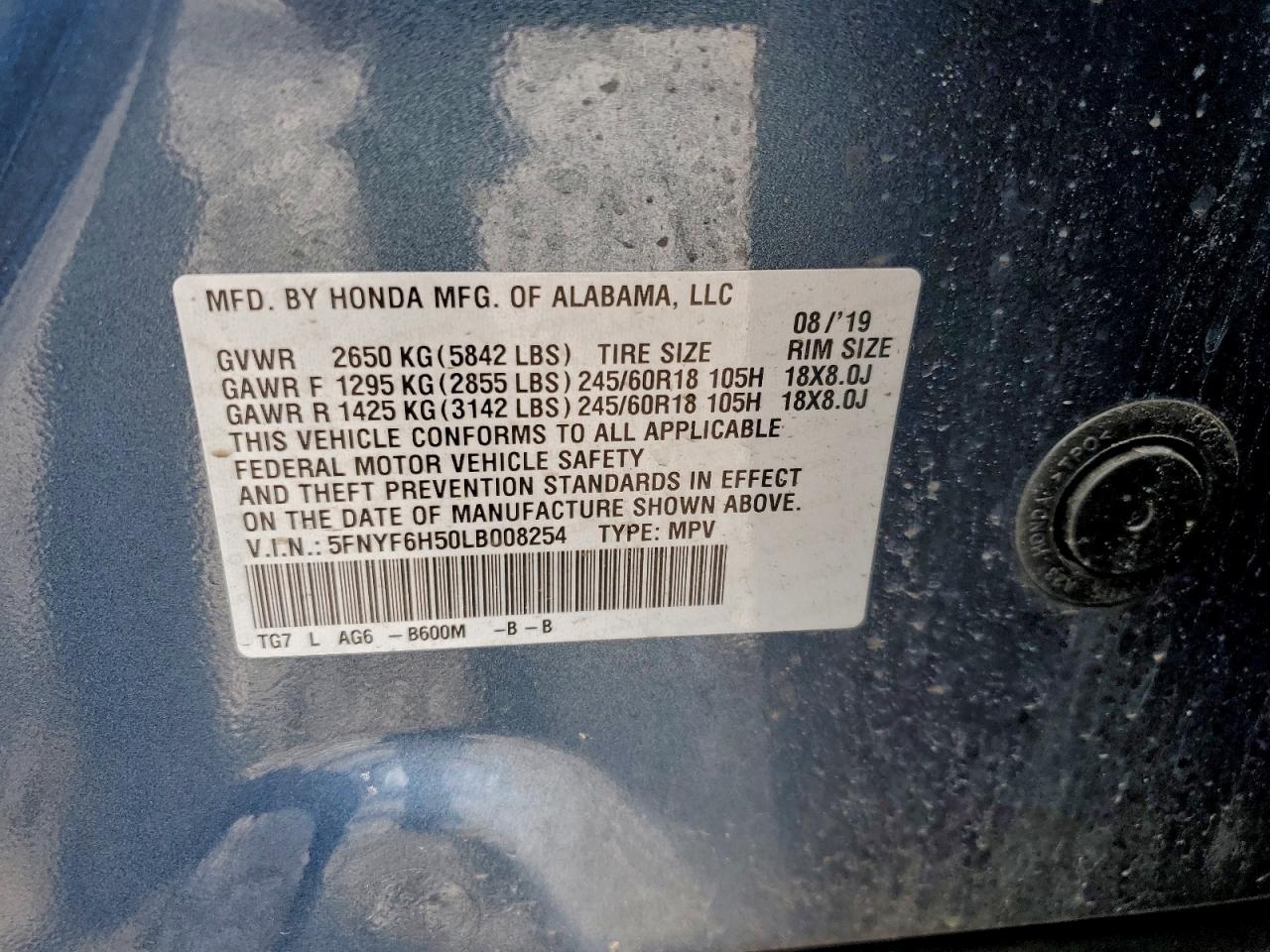 2020 Honda Pilot Exl VIN: 5FNYF6H50LB008254 Lot: 93335425