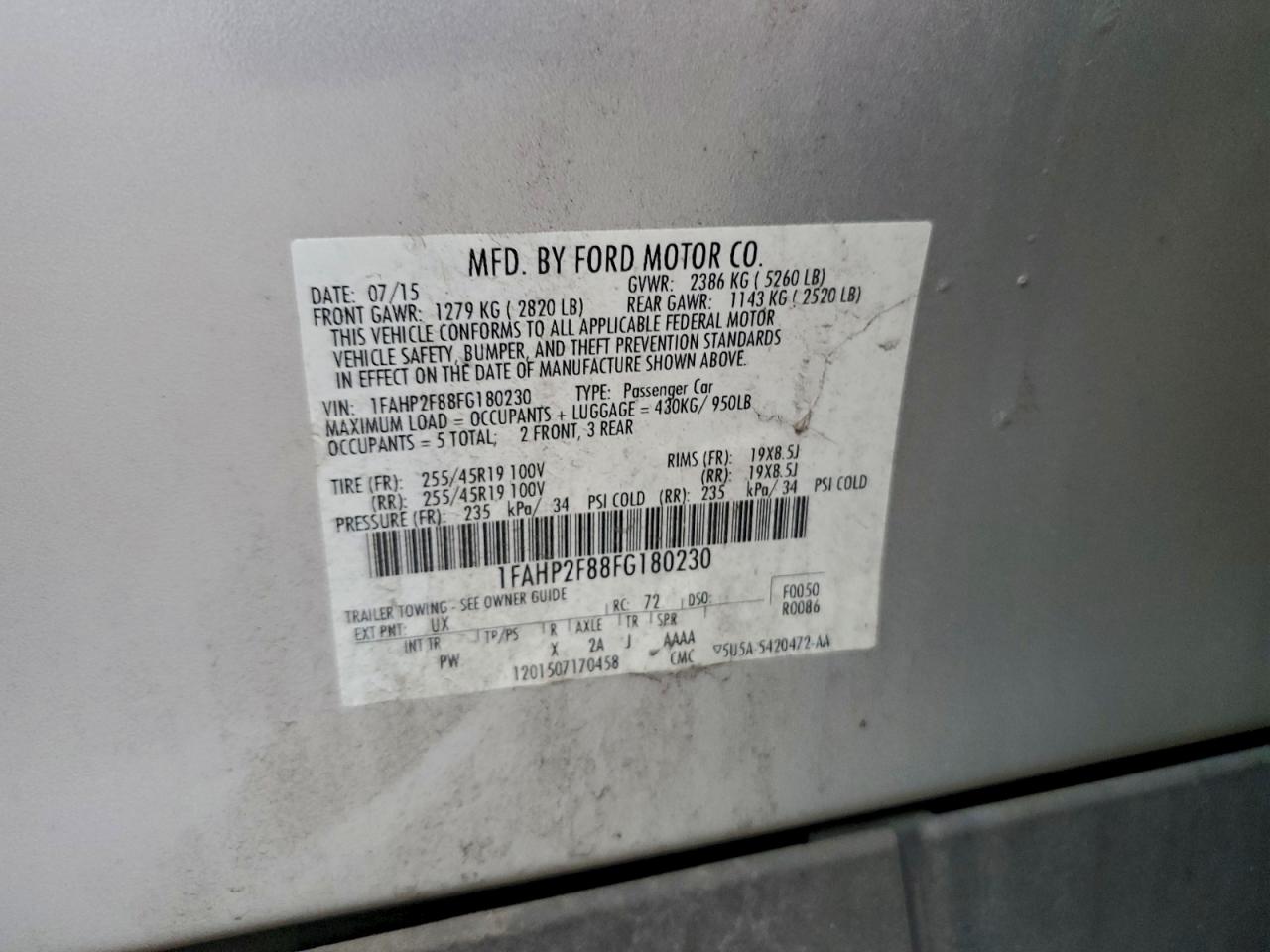 2015 Ford Taurus Limited VIN: 1FAHP2F88FG180230 Lot: 94044825