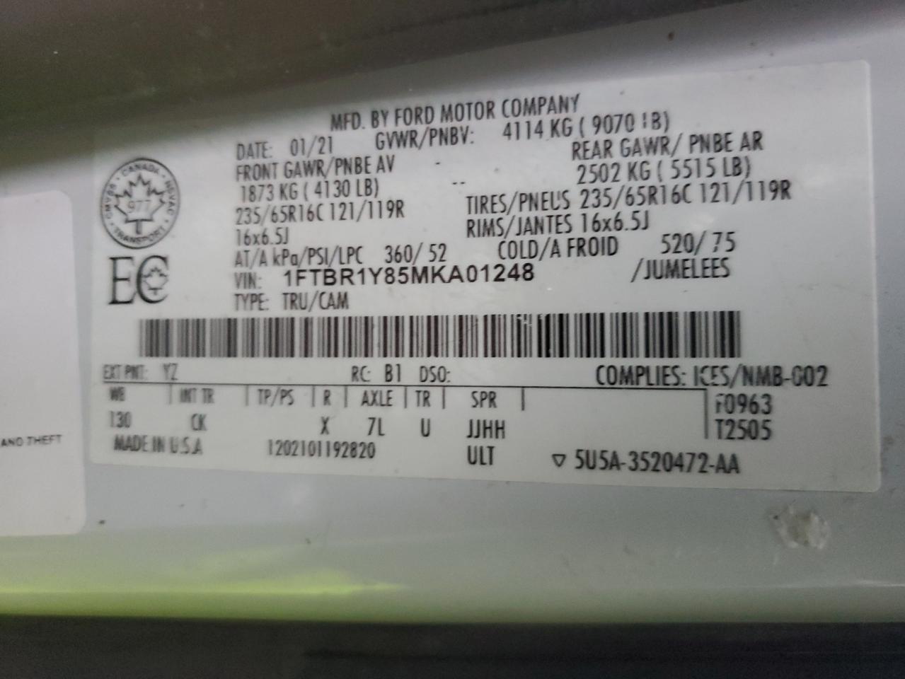 2021 Ford Transit T-250 VIN: 1FTBR1Y85MKA01248 Lot: 91231705