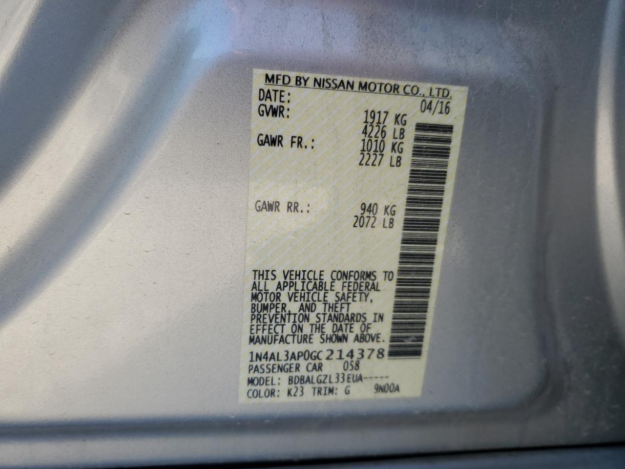 2016 Nissan Altima 2.5 VIN: 1N4AL3AP0GC214378 Lot: 92168965