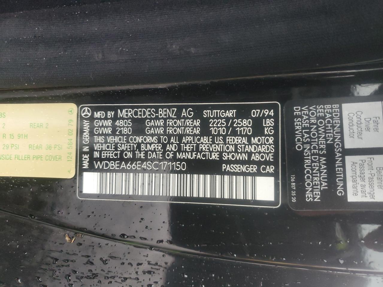 1995 Mercedes-Benz E 320 VIN: WDBEA66E4SC171150 Lot: 93960485