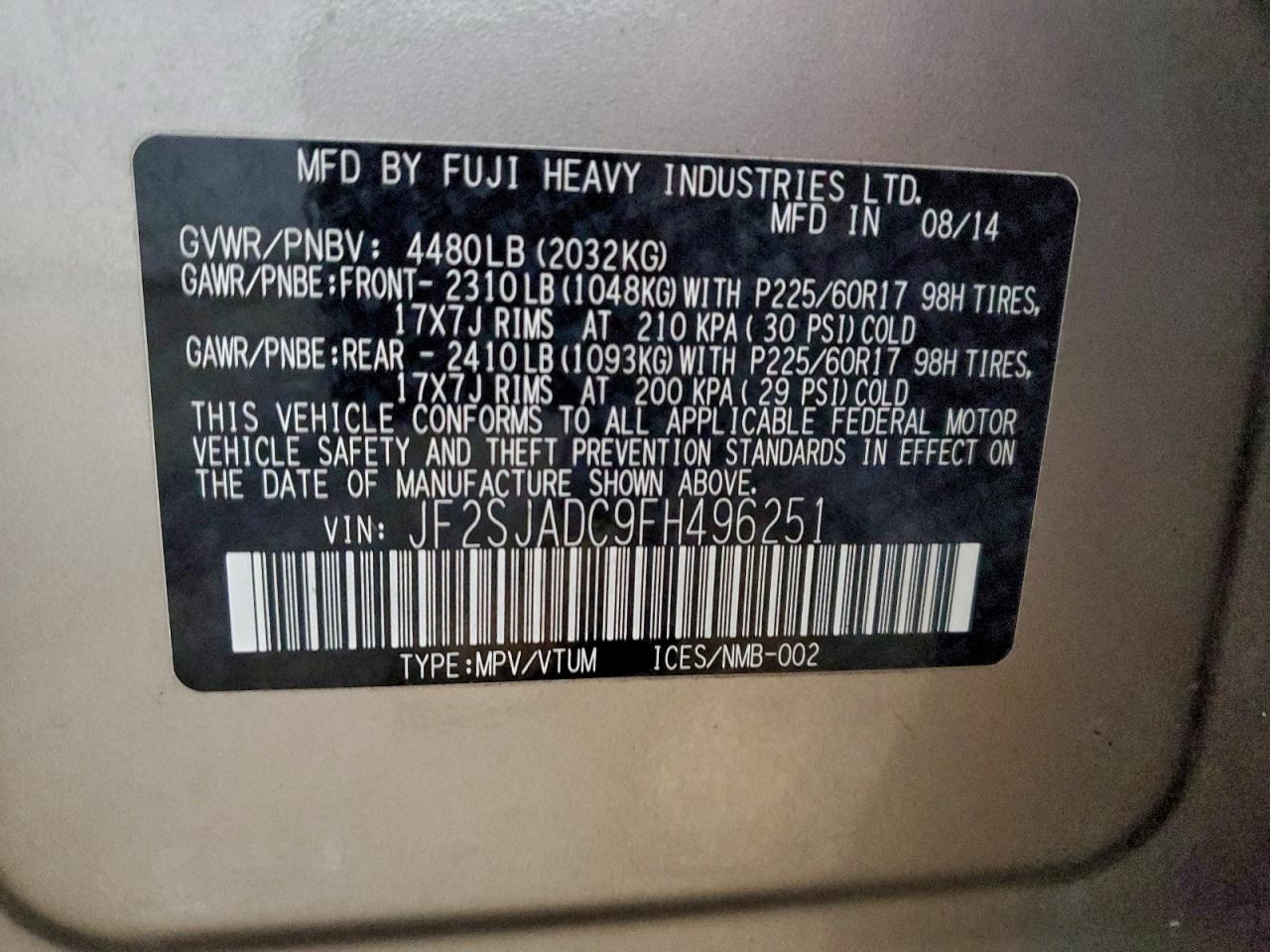 2015 Subaru Forester 2.5I Premium VIN: JF2SJADC9FH496251 Lot: 94538715