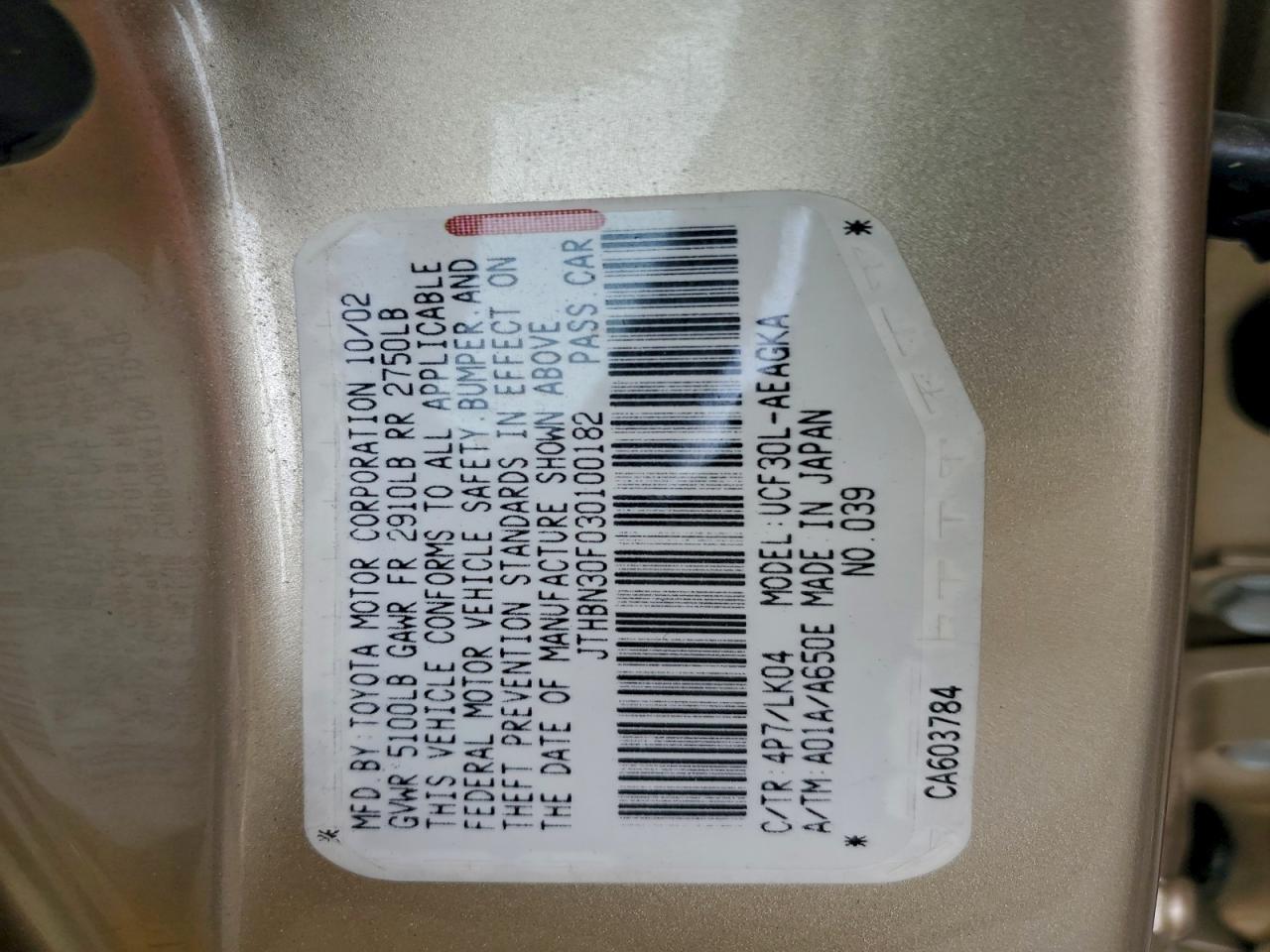 2003 Lexus Ls 430 VIN: JTHBN30F030100182 Lot: 93786165