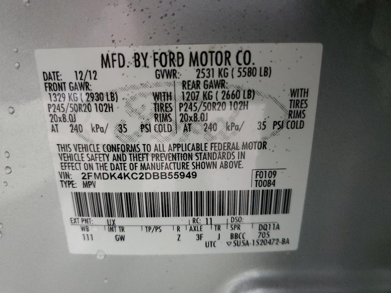 2013 Ford Edge Limited VIN: 2FMDK4KC2DBB55949 Lot: 92870895