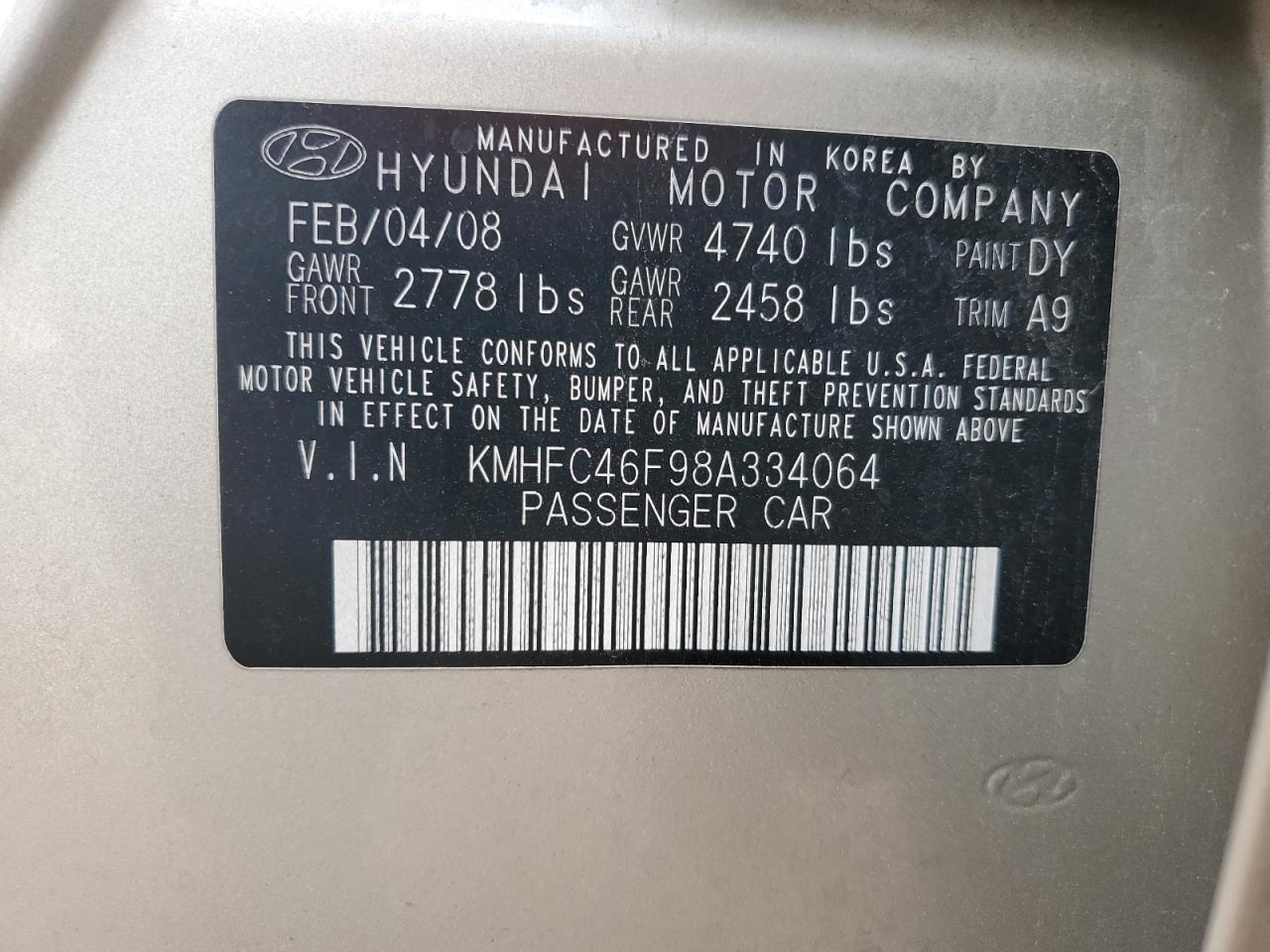 2008 Hyundai Azera Se VIN: KMHFC46F98A334064 Lot: 92713745