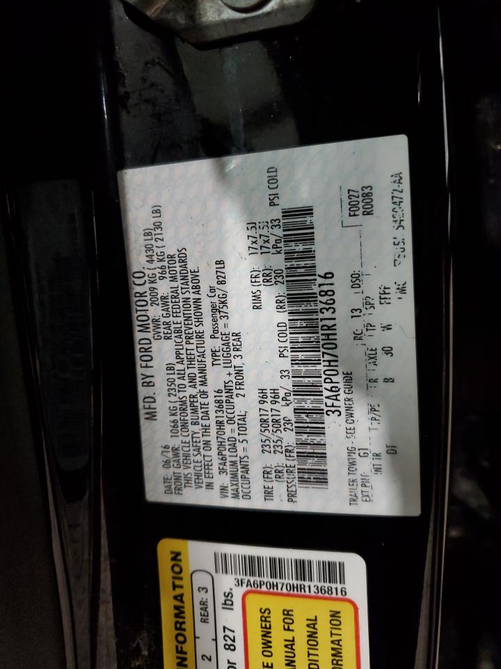 2017 Ford Fusion Se VIN: 3FA6P0H70HR136816 Lot: 92936005