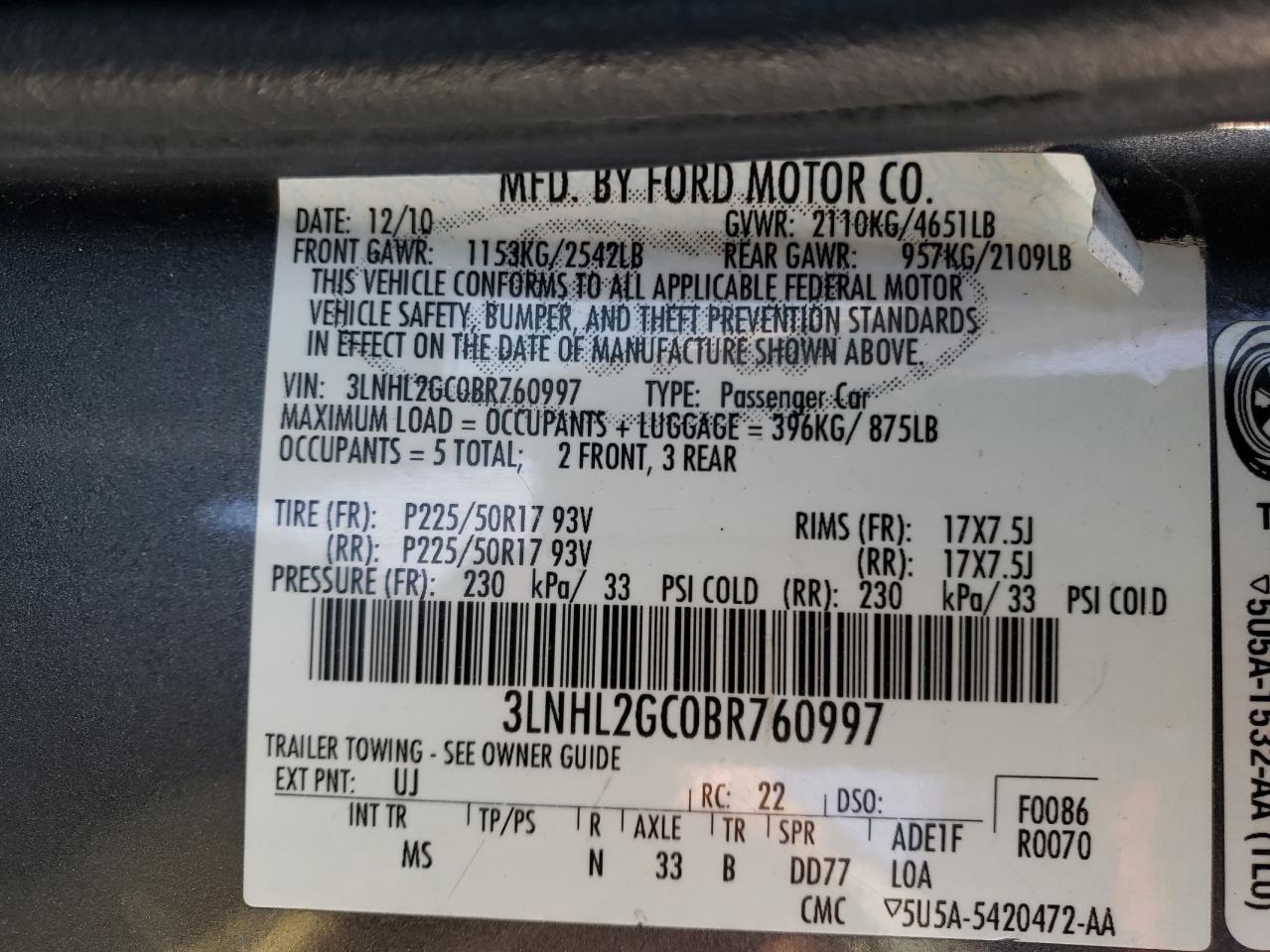 2011 Lincoln Mkz VIN: 3LNHL2GC0BR760997 Lot: 92379005