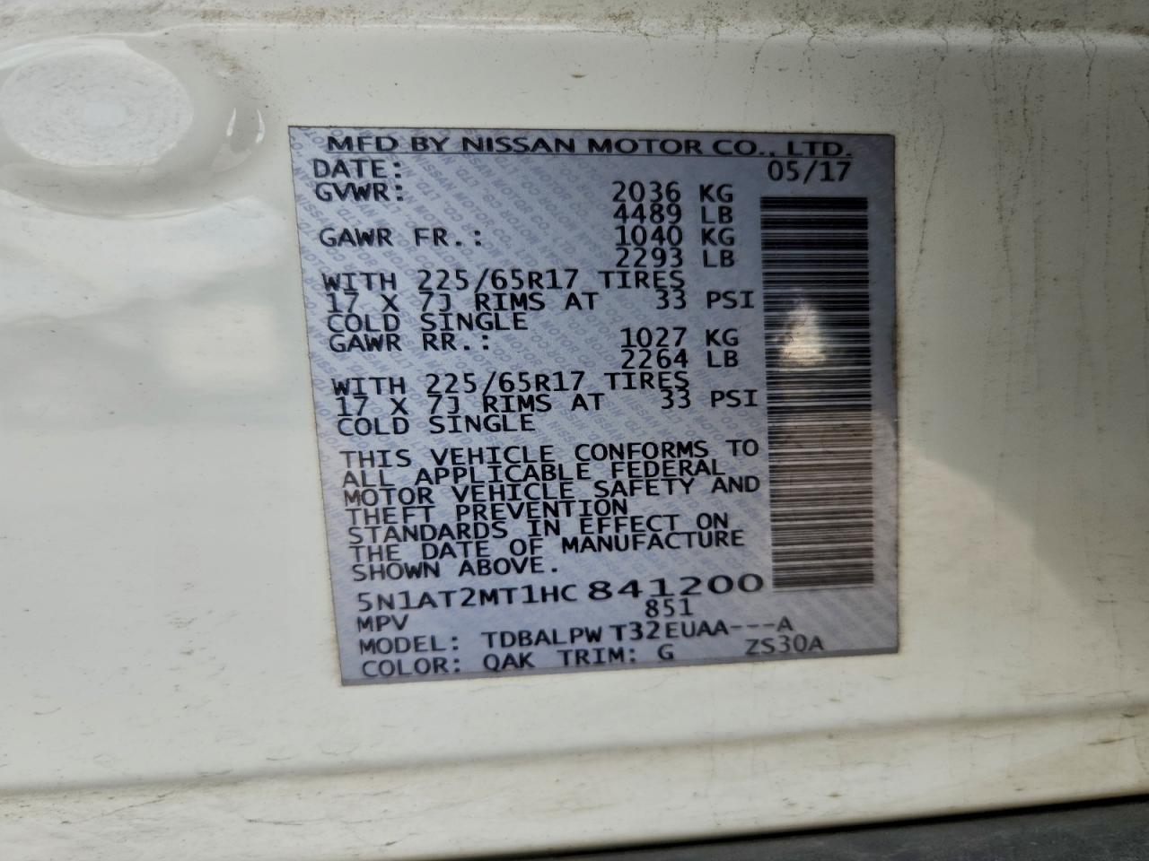 2017 Nissan Rogue S VIN: 5N1AT2MT1HC841200 Lot: 94155535