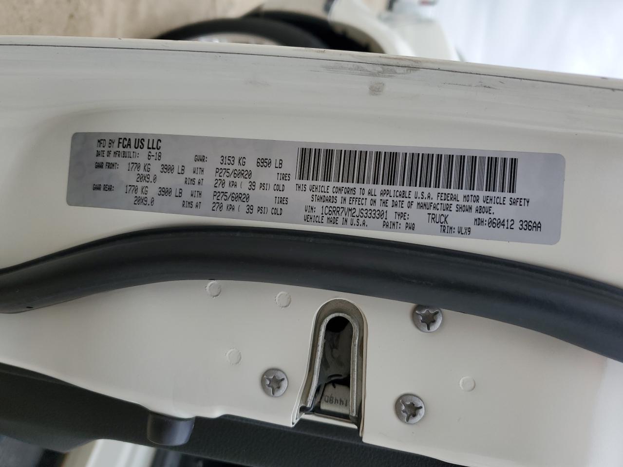 2018 Ram 1500 Laramie VIN: 1C6RR7VM2JS333301 Lot: 91213165