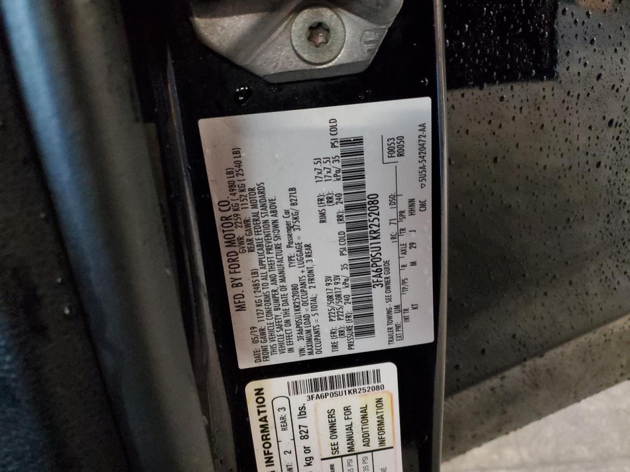 2026 Ford Fusion Titanium VIN: 3FA6P0SU1KR252080 Lot: 93074005