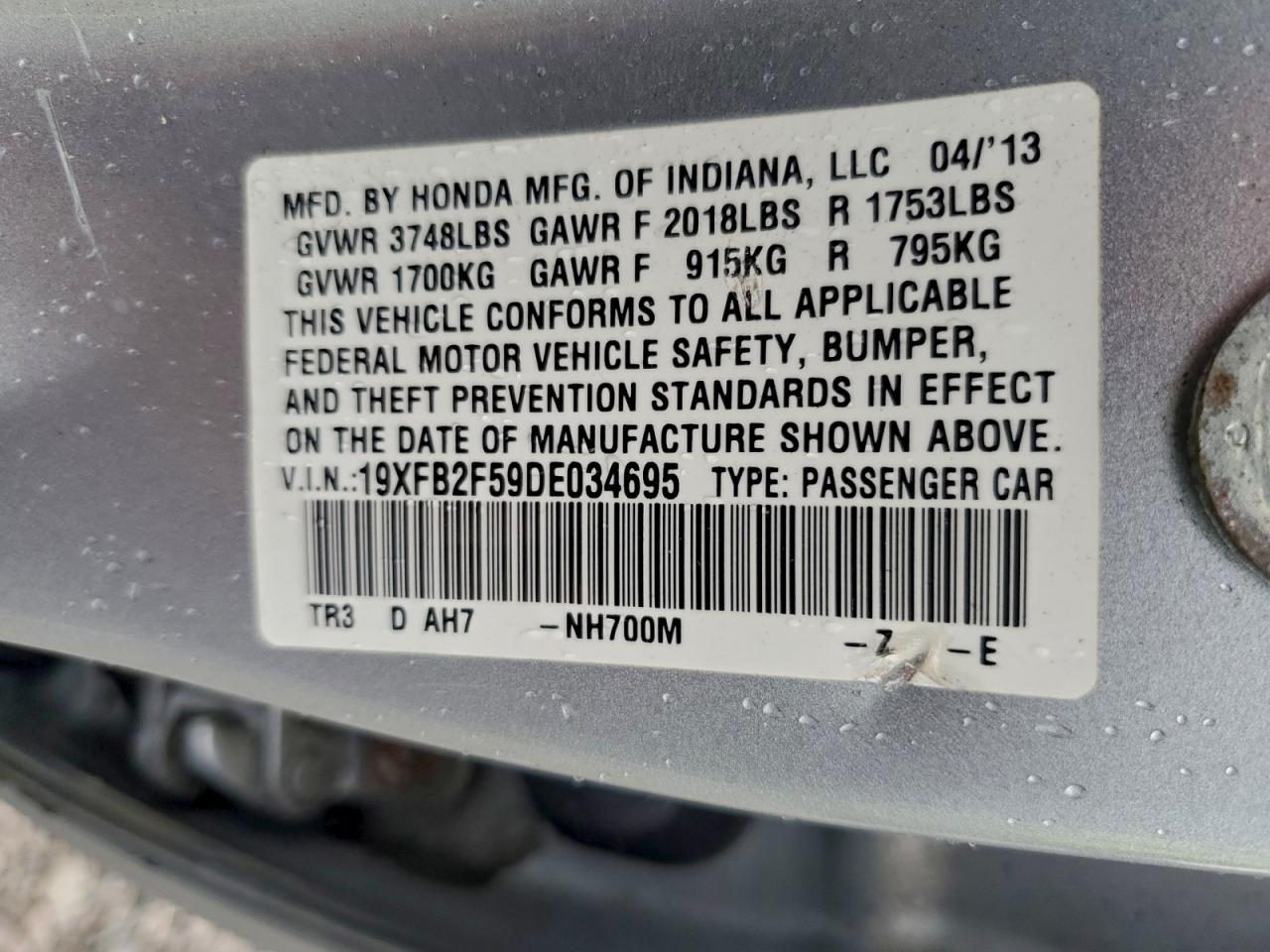 2013 Honda Civic Lx VIN: 19XFB2F59DE034695 Lot: 93526905