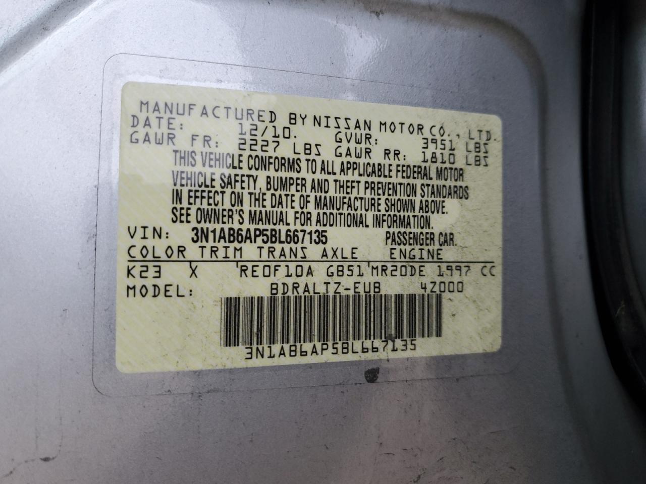 2011 Nissan Sentra 2.0 VIN: 3N1AB6AP5BL667135 Lot: 92685675