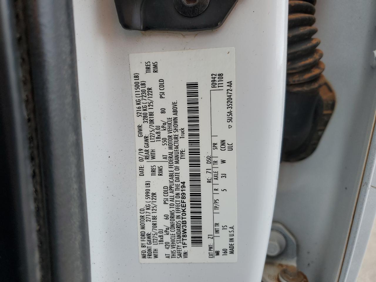 2019 Ford F350 Super Duty VIN: 1FT8W3BT0KEF89194 Lot: 92575075