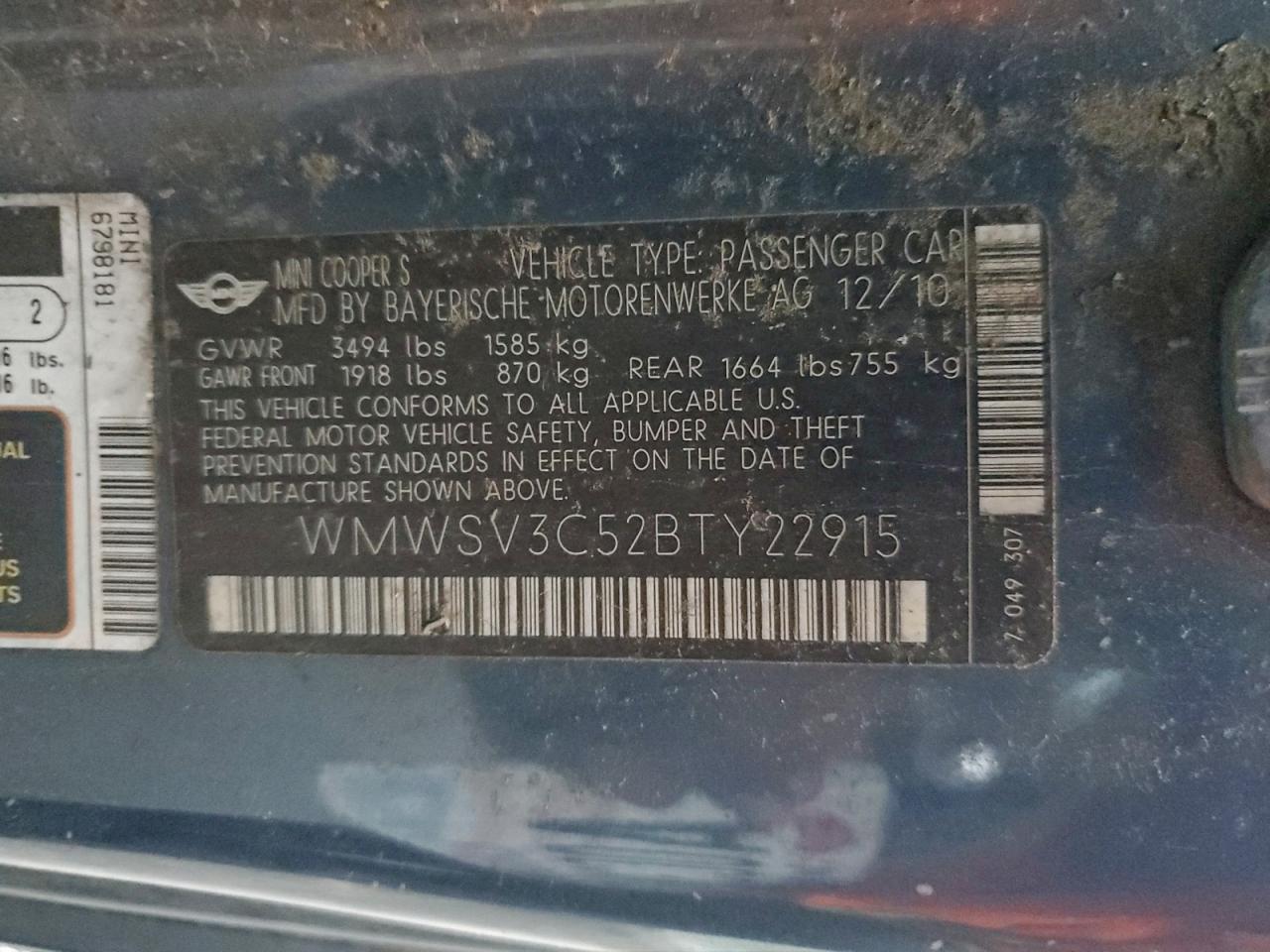 2011 Mini Cooper S VIN: WMWSV3C52BTY22915 Lot: 94053275