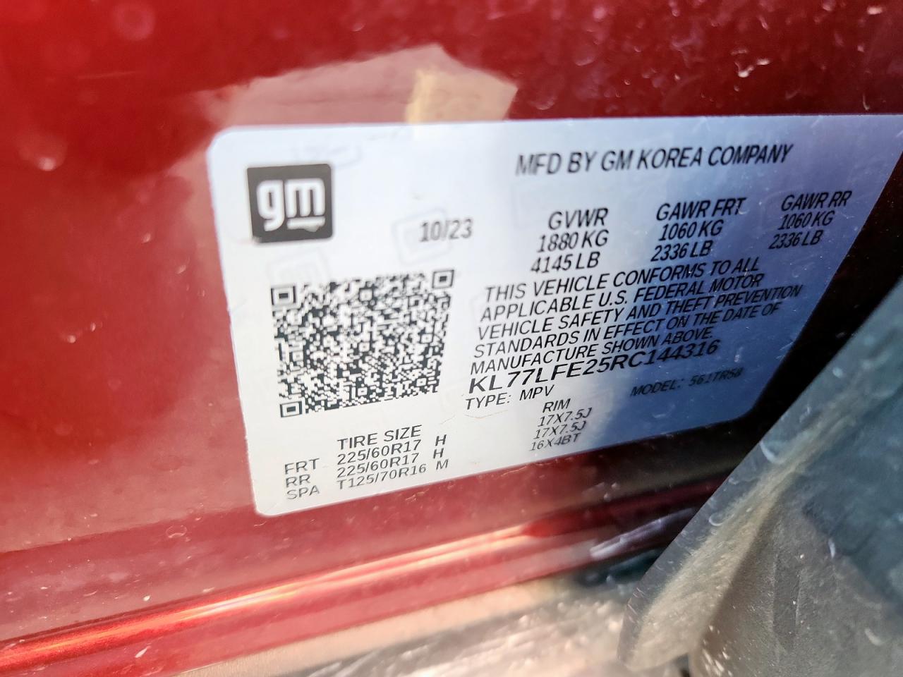 2024 Chevrolet Trax Ls VIN: KL77LFE25RC144316 Lot: 91622515