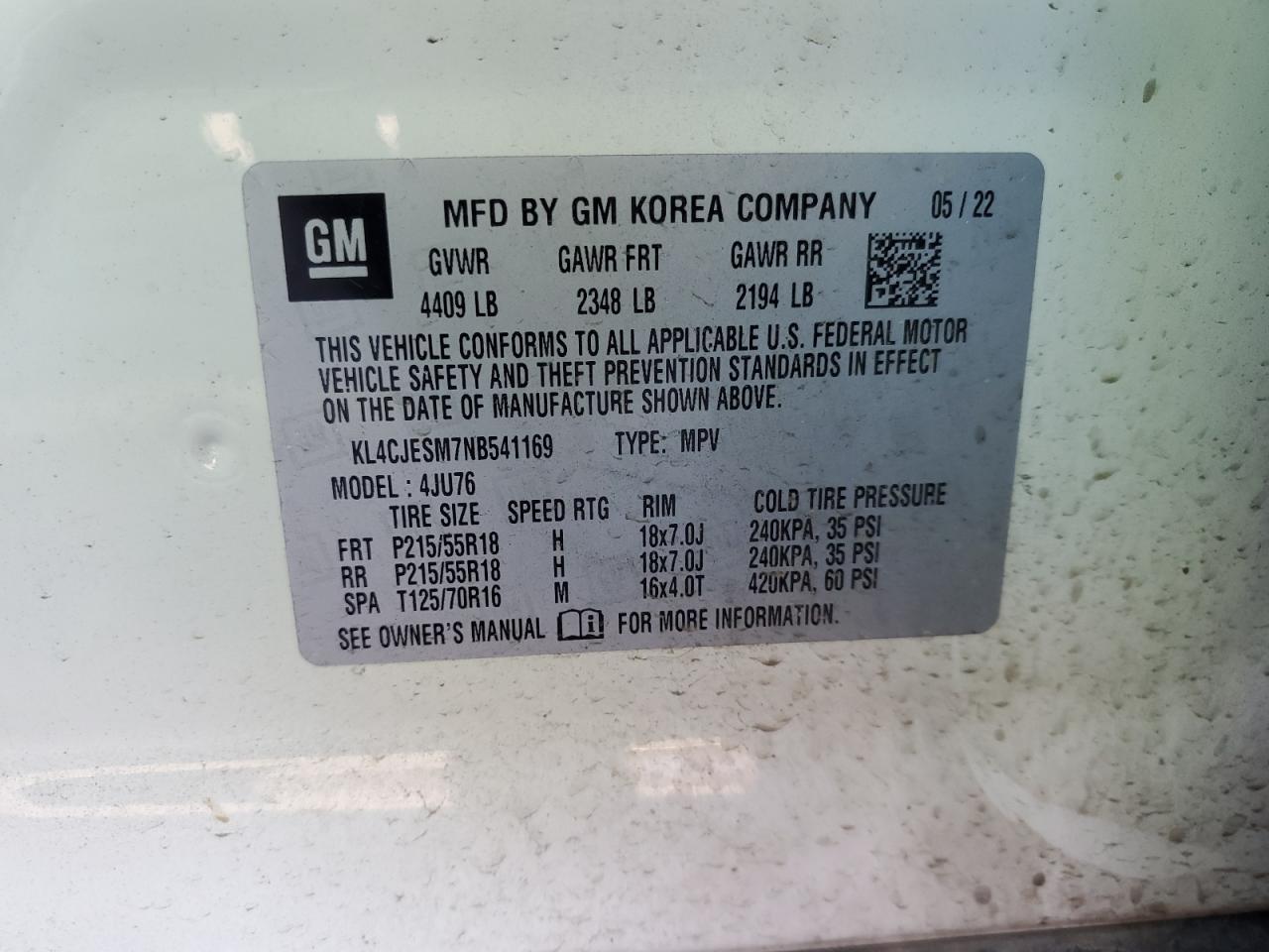 2022 Buick Encore Preferred VIN: KL4CJESM7NB541169 Lot: 92658765