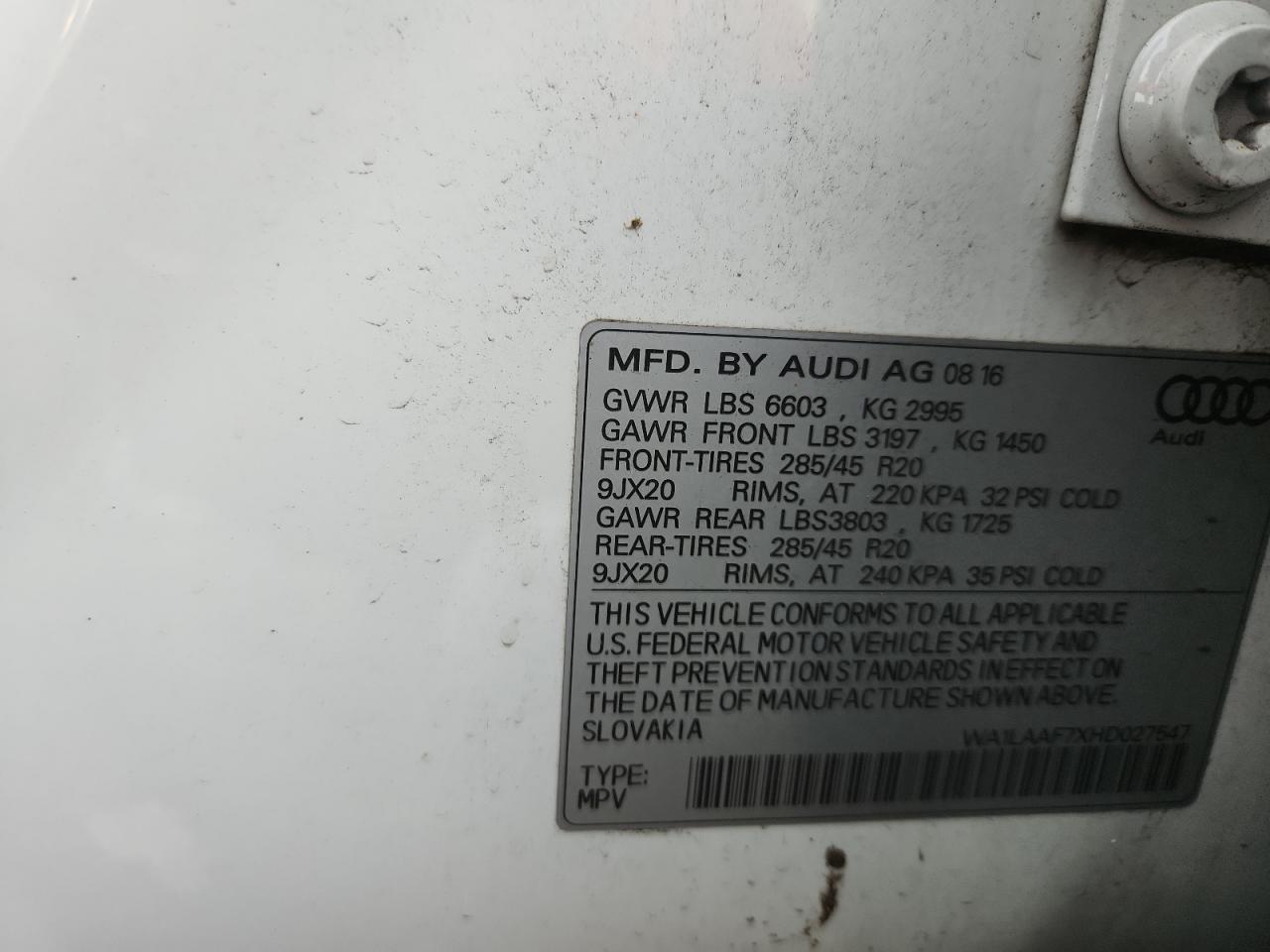 2017 Audi Q7 Premium Plus VIN: WA1LAAF7XHD027547 Lot: 93012875