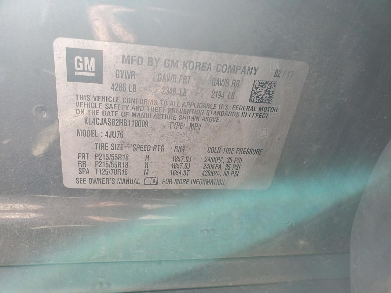 2017 Buick Encore Preferred VIN: KL4CJASB2HB118009 Lot: 90584635