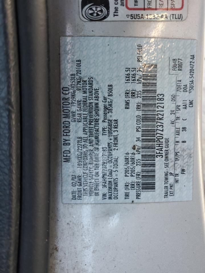 2007 Ford Fusion Se VIN: 3FAHP07Z37R212183 Lot: 91625625