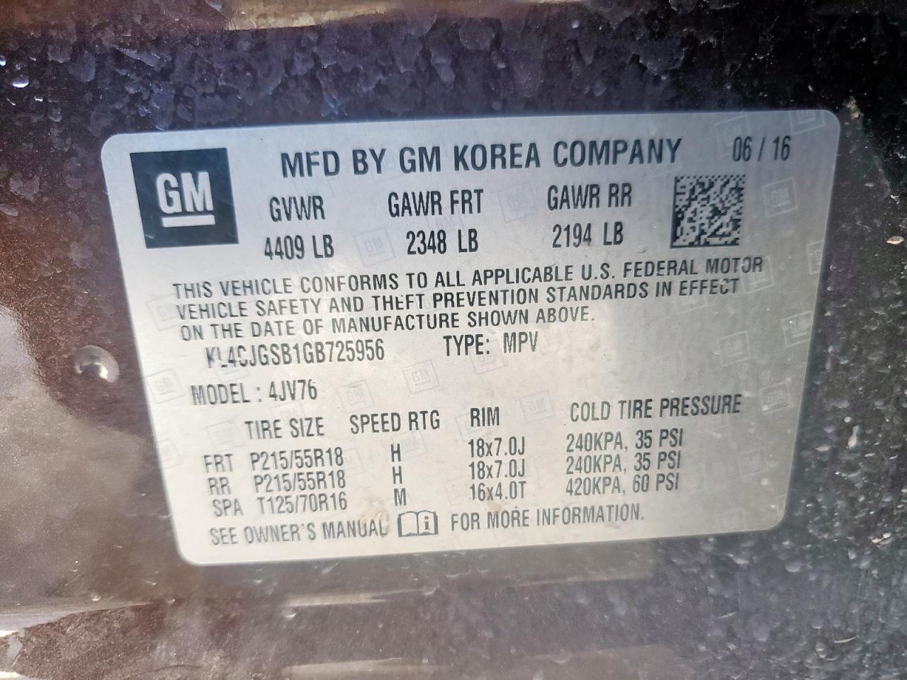 2016 Buick Encore VIN: KL4CJGSB1GB725956 Lot: 90930015