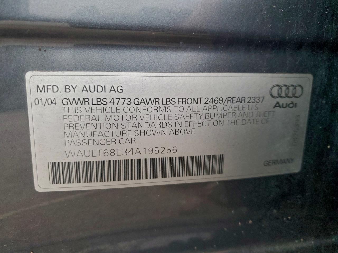 2004 Audi A4 3.0 Quattro VIN: WAULT68E34A195256 Lot: 93261035