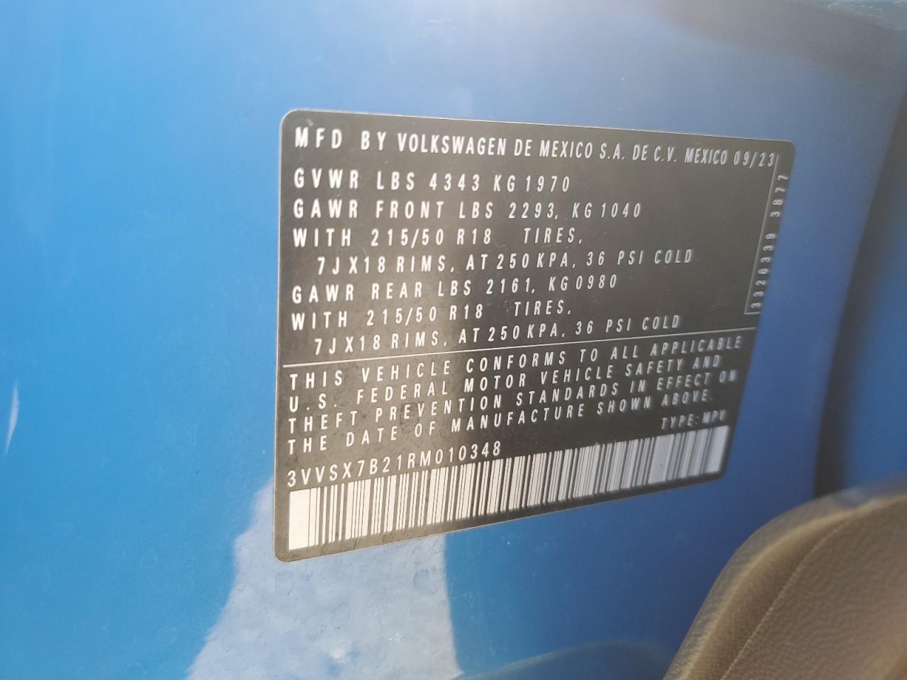 2024 Volkswagen Taos Se VIN: 3VVSX7B21RM010348 Lot: 93300605