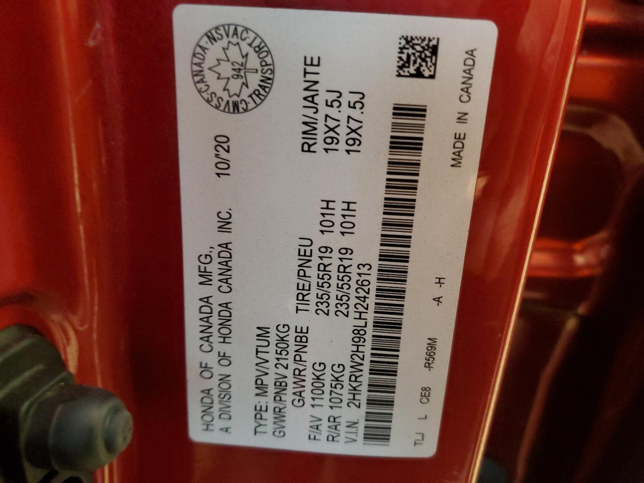 2020 Honda Cr-V Touring VIN: 2HKRW2H98LH242613 Lot: 91171175