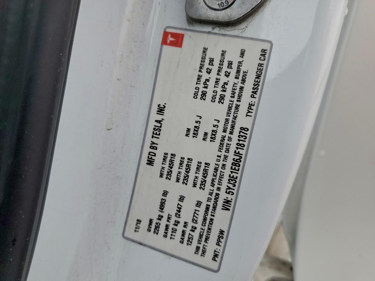 2018 Tesla Model 3 VIN: 5YJ3E1EB6JF181378 Lot: 93449695