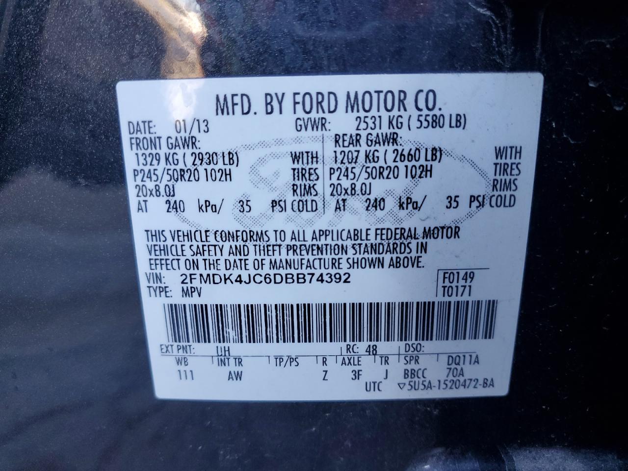 2013 Ford Edge Sel VIN: 2FMDK4JC6DBB74392 Lot: 93015505