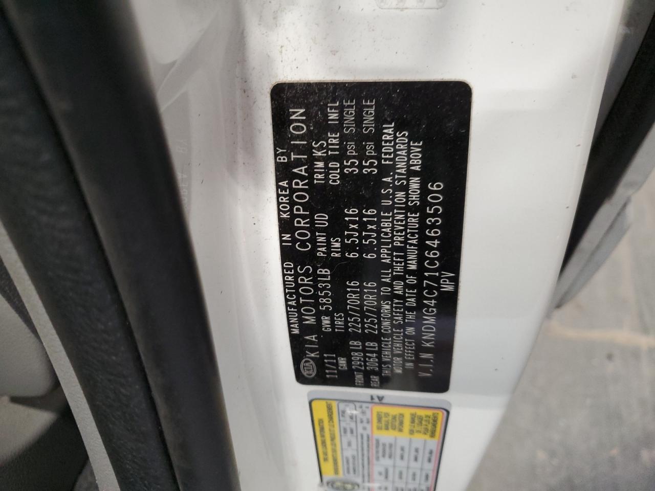 2012 Kia Sedona Lx VIN: KNDMG4C71C6463506 Lot: 92639495