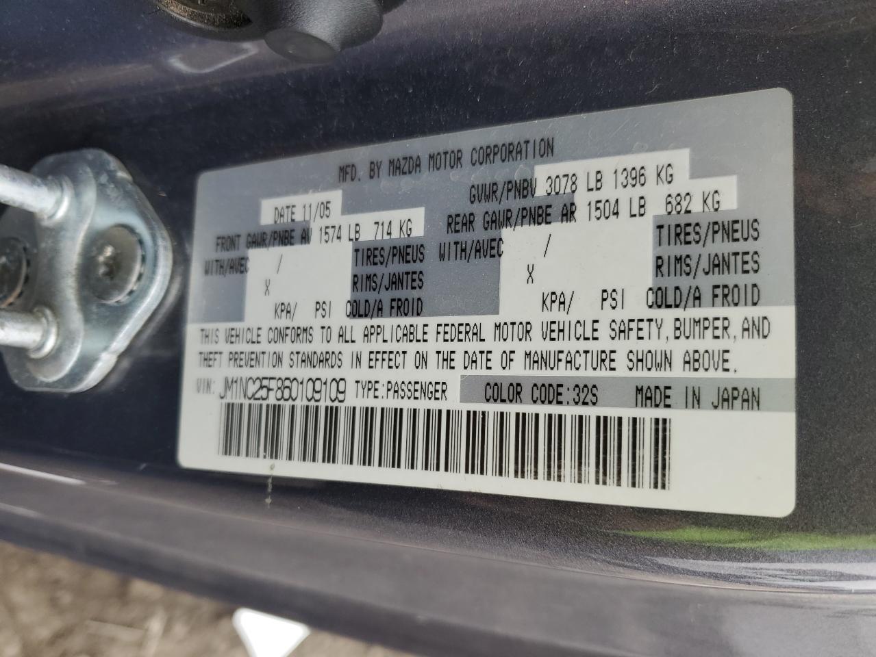 2006 Mazda Mx-5 Miata VIN: JM1NC25F860109109 Lot: 93108345