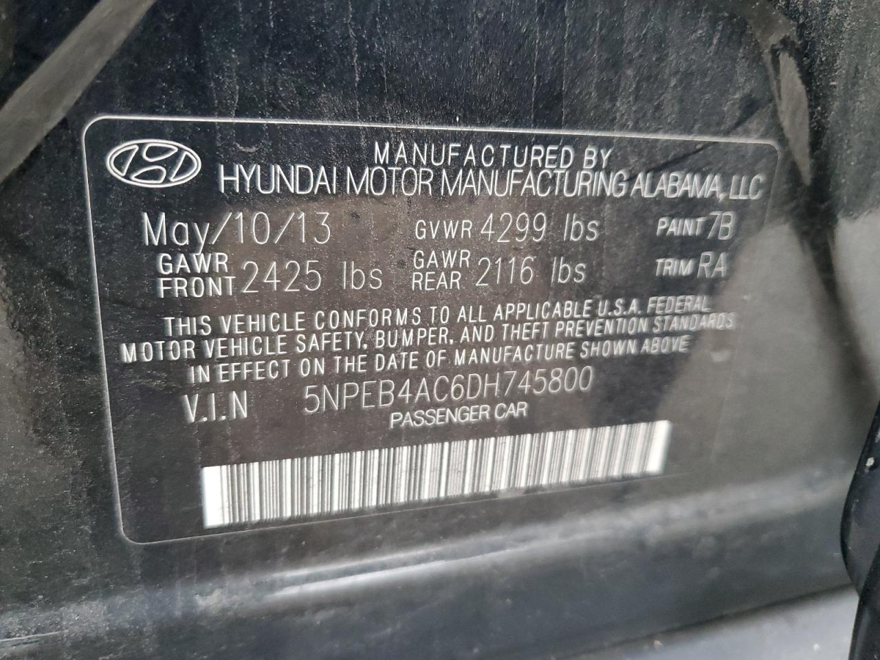 2013 Hyundai Sonata Gls VIN: 5NPEB4AC6DH745800 Lot: 92914265